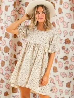 Rylee + Cru Brea Superbloom Cream Floral Babydoll Mini Dress Medium